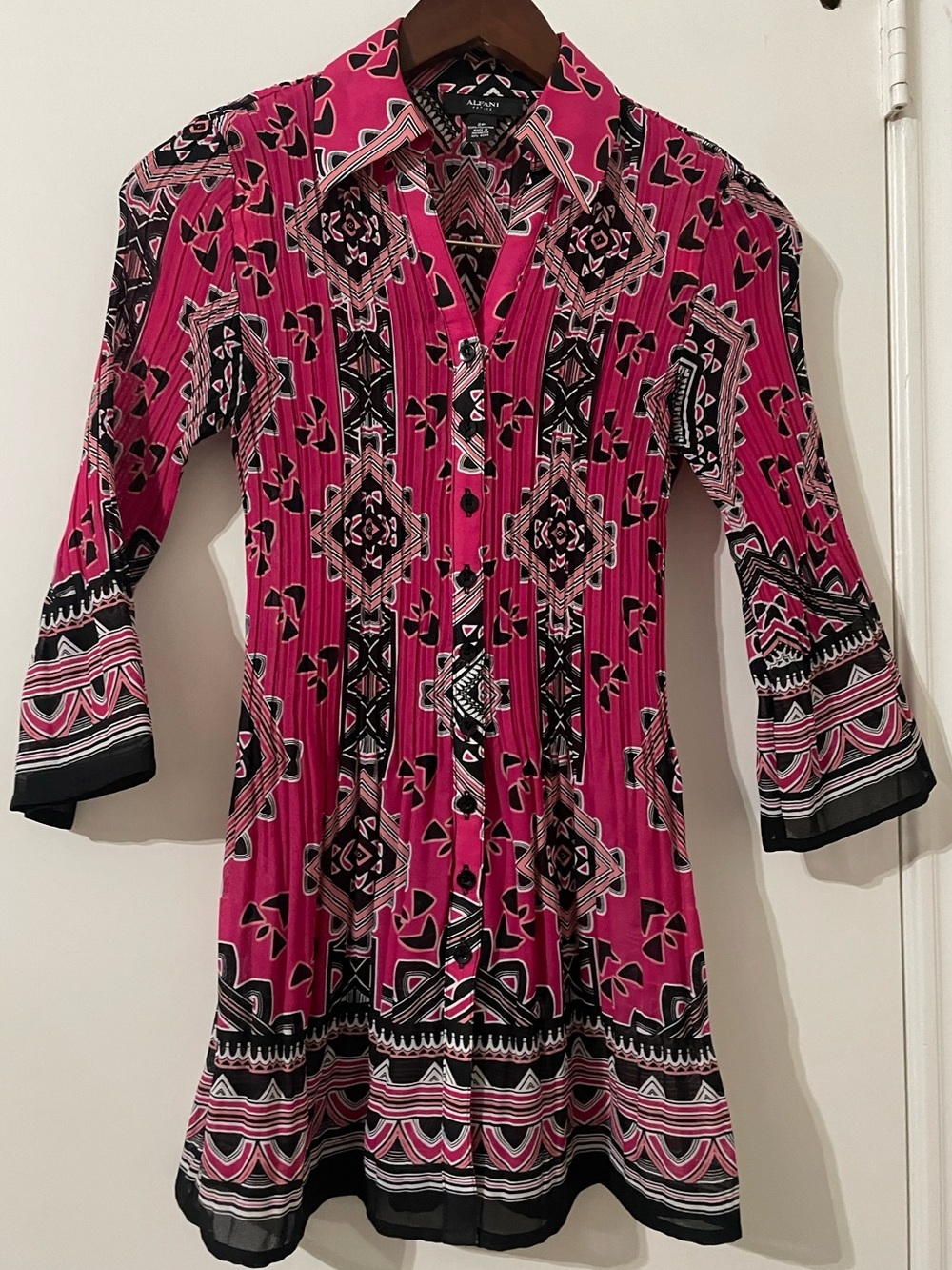 Alfani Petite Pink Geometric Plissé Pleated Button Down Tunic Blouse 2P